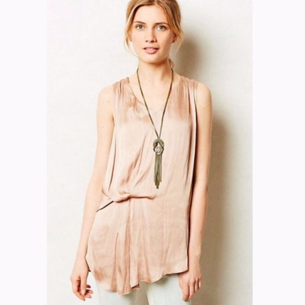 Anthropologie Dolan Lokoya Champagne Satin Tucked Contrast Gray Tunic Tank Top